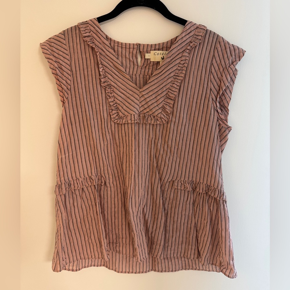 Cotélac Women's Pink Striped Ruffle V-Neck Blouse
